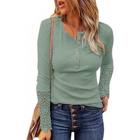 Color Block Waffle Knit Henley Shirts Long Sleeve V-Neck Casual Slim Fit Thermal Button Up Tunics Tops,Green,X-Large