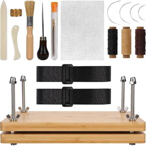 22pcs Book Press Set, Press Bookbinding Supplies Wood Portable Book Press Tool Machine with Binding Cloth Bone Folder Needles Wax Line Awl Thimble Ring Glue Brush Straps for Bookbinding