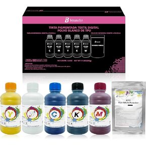 Premium DTF Ink 250MLx 5 Combo Pack,DTF Transfer Ink for PET Film,Pigment Ink Refill for DTF Printer L1800 L805 L800 DX5 XP600 I3200 TX800,Heat Transfer Printing Direct to Film (CMYKW+500g Powder)