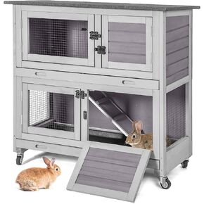 Aivituvin Rabbit Hutch Indoor Bunny Cage Outdoor Guinea Pig House 2 Story Wth 2 Leakproof Trays and 4 Movable Wheels 36" L