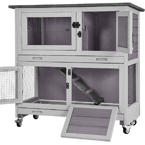 Aivituvin Rabbit Hutch Indoor Bunny Cage Outdoor 2 Story Pet House Guinea Pig Cage on Wheels 36"
