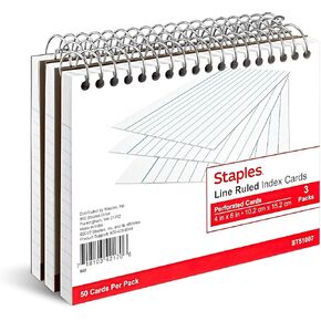 STAPLES TRU RED 4" x 6" Index Cards, Lined, White, 50 Cards/Pack, 3 Packs (TR51007)