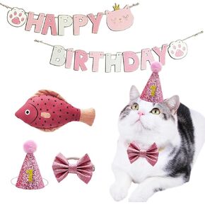 Cat Birthday Hat Girl Happy Birthday Decorations Outfit Banner Party Supplies Bow tie Collar Catnip Chew Biting Kick Toys for Cat Girl (Pink)