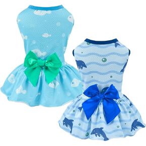 Vehomy 2-Pack Dog Summer Dress Breathable Puppy Cat Dresses with Bowknot Pet Summer Cool Outfits Skirts with Sea Fish Dolphin Patterns for Small Medium Dogs S