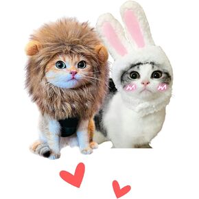 2 Pcs Cat Bunny Ears&Cat Lion Mane Wig for Cat Costume,Cat Hats for Cats Only Dress Up Valentines Halloween Easter,Kitten Costumes Party Birthday Theme Photo Prop,Fits Most Cats(M Size)