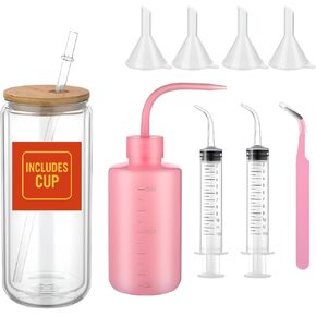 DIY Glitter Snow Globe Tumbler Supplies Kit – 16oz High Borosilicate Pre-Drilled Glass Cup with Squeeze Bottle, Funnel, Bent Syringe, Tweezer & Seal Plug for Custom Crafts, Gifts & Holiday Parties