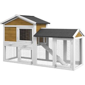 PawHut 58" Rabbit Hutch, Wooden Bunny Hutch, Guinea Pig Cage, Small Animal Enclosure with Run Area, Removable Tray, Asphalt Roof, Lockable Doors and Ramp, Dark Gray