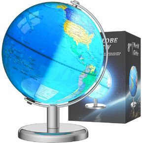 Illuminated World Globe for Children – 8" Globe Lamp with World Map for Kids, Stable Heavy Metal Base, Interactive STEM Learning Gift & Night Light