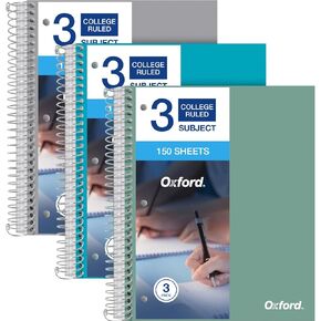 Oxford 3 Subject Spiral Notebook College Ruled - 3 Pack- Poly Cover - Water Resistant - 150 Sheets - Notebooks College Ruled- Blue, Green, and Grey
