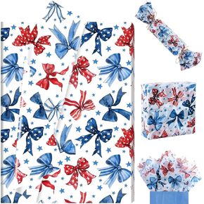 100 Sheet Red White Blue Bows Tissue Paper, Patriotic Ribbons Patterns Gift Wrapping Paper for 4th of July DIY Crafts Independence Day Veteran's Day Party Supplies, 13.8 x 19.7 Inch