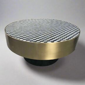 Brass Coffee Table with Bone Inlay Geometric Pattern Top, Black Wood Base