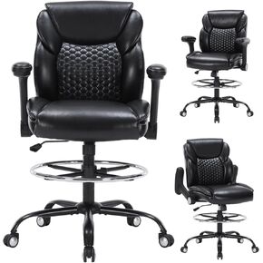 Drafting Chair, Tall Office Chair with Adjustable Armrests PU Leather Standing Desk Chair with Adjustable Foot Ring,Comfy Mid-Back High Office Chair for Counter Height Desk, Black
