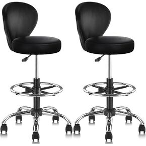 Drafting Swivel Chair with Back Support and Adjustable Footrest Rolling Stool, Multi-Purpose Office Desk Chair for Bar Kitchen Shop, Black