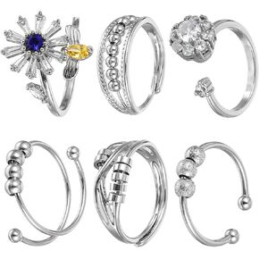 Anti Anxiety Fidget Ring for Women, 6 Pcs Open Adjustable Fidget Rings Anti Anxiety Ring Flower Bee Bead Rings Cute Relief Items Gift