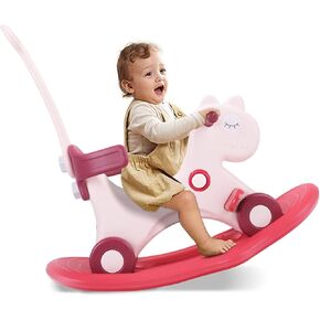 Ancaixin 4 in 1 Rocking Horse for Toddlers 1-3 Years Old, Balance Bike Ride On Toys with Push Handle, Backrest and Balance Board for Baby Girl and Boy, Unicorn Kids Riding Birthday
