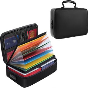 Fireproof Document Box File Organizer with Lock, Fireproof Document Bag Waterproof Fire Proof File Boxes Travel Important Document Organizer Holder Portable File Organizer Document Storage (Black)