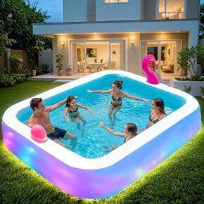 119"x86"x21“ Inflatable Pool with LED Lights, 3 Light Modes, 3-Ring Blow Up Pool for Adults & Kids, Thickened PVC Family Swimming Pool for Backyard & Outdoor Use (Includes Electric Air Pump)