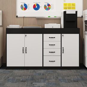 63" W Lateral File Cabinet with Lock, Adjustable Shelves, Top Compartment, 4 Drawers & 3 Doors, Wooden Filing Organization Storage Cabinet for Office Garage, White & Black