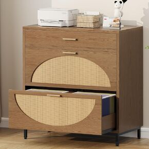 Lateral File Cabinet with 3 Drawers, Eco Rattan Wood File Cabinet for Home Office, Large Filing Storage Cabinets Printer Stand for Letter/Legal/A4 Size Hanging File
