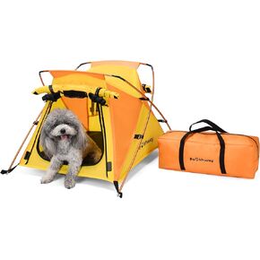 Dog Tent and Portable Playpen Outdoor Waterproof, with Aluminum Poles and Camping Mat, Pet Tent with Zippered Mesh Door, Dog House Outdoor, for Camping, Travel, Backyard, Patio (Yellow, Small)