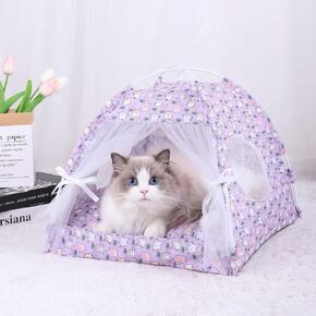 Selena Dog Tent House Cat Bed Indoor Outdoor Bow Ribbon Lace Mesh Breathable Windows Door Curtains Removable Portable Pet Nest Teepe (Small,Purple+Cat)