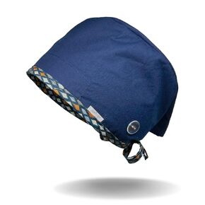 JaxKaps | Men’s Navy Scrub Cap with Buttons and Sweatband for Long Hair | Working Hat with Harlequin Diamond Pattern Trim Reusable and Washable | DiamondEyes Collection