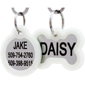 GoTags Personalized Dog Tags in Stainless Steel, Includes Glow in The Dark Tag Silencer to Reduce Noise and Protect Tag and Engraving, No Noise, Quiet Pet Tags, 2 Side Engraving, (Bone Shape)