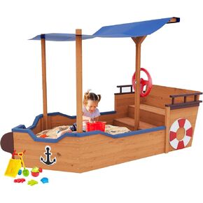 Large Pirate Ship Sandbox with Cover, Wooden Sand Box with Canopy, Rudder, Seat & Hidden Storage Space, Playset Outdoor Backyard, Children Outdoor Play, 63''L x 30.7''W x 40.5''H