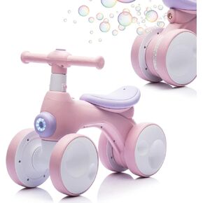 Baby Toddler Balance Bike with Bubble Machine for 1 Year Old Children,4 Wheels Kids Balance Bike w/Bubble Maker,Kids Ride on Toys w/Music,Headlight for Ages 12-36 Months Boys Girls (Light Pink)