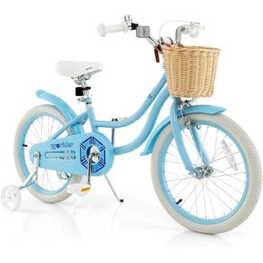 BABY JOY Kids Bike, 14 16 18 Inch Retro Kids Bicycles for 3-8 Years Old Children with Training Wheels, Adjustable Height, Rattan Basket, Handbrake & Coaster Brake, Boys Girls Bike (Pink, Green, Blue)