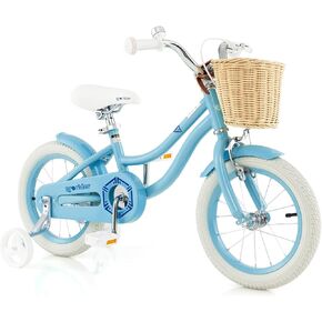 BABY JOY Kids Bike, 14 16 18 Inch Retro Kids Bicycles for 3-8 Years Old Children with Training Wheels, Adjustable Height, Rattan Basket, Handbrake & Coaster Brake, Boys Girls Bike (Pink, Green, Blue) in Kuwait