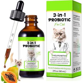 Probiotic for Cats, Natural 3 in 1 Cat Probiotic Drops Helps to Relieve Diarrhea, 60ml for Cats of All Ages, Supports Gut Health, with Digestive Enzymes & Prebiotics Liquid Supplement