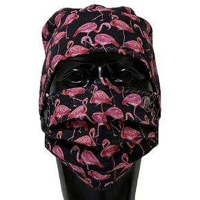 Jaxmask® | Pink Flamingos Black Tieback Scrub Cap with with buttons و combo mask combo | 2 طبقة قابلة للغسل وقابلة لإعادة الاستخدام مع سلك الأنف | "مجموعة Peachemingo" (Cap & Mask Combo)