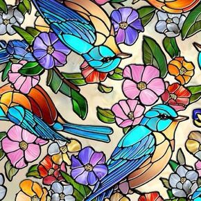 QT Fabrics - Sunlit Birds - 30793 A Tan Stained Blass Birds & Floral - Cotton QUIILTING Fabric
