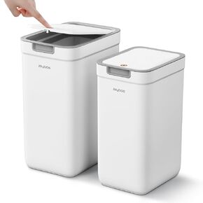 MOPALL 2 Pack Bathroom Trash Can with Lid, 3.6Gal + 2.4Gal Garbage Can with Pop-Up Lid, Small Trash Can Dog Proof, Slim Trash Bin Waste Basket for Toilet, Office, Bedroom, Living Room, Kitchen (White)