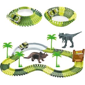 Dinosaur Toys Race Car Track, Create A Dinosaur World Road Race for 3 4 5 6 Year & Up Old Boy Girls， Flexible Dinosaur Track Toys Set Party Birthday Gift