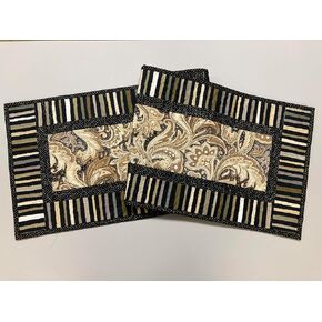 Minimalist Brown Tan Paisley Quilted Dining Coffee Table Runner, 13x48" Reversible Fall, Elegant Stripes, Handmade Midcentury Modern TahoeQuilts Handmade