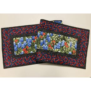 Handmade Table Runner with Flowers, Blue Bonnets Red, Quilted 13x48 inch, Reversible Coffee Dining Table, Wildflower, Nature Garden Everyday