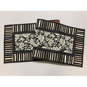 Black White Bird Butterfly Garden Quilted Dining Coffee Table Runner, 13x48" Reversible Fall Handmade, Minimalist Contempo Abstract Stripes TahoeQuilts Handmade