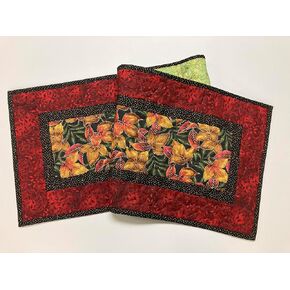 Fall Autumn Quilted Dining Table Runner, Vibrant Leaves, 13x48" Quilted Reversible Summer Handmade, Orange Green Gold Coffee End Table TahoeQuilts