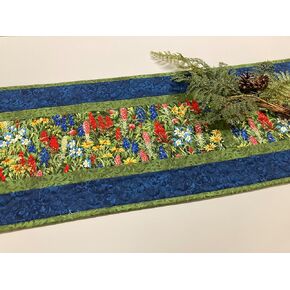 TahoeQuilts Handmade Summer Table Runner with Flowers 13x72 inch Table Runner for Dining Table, Coffee Table Living Room Runner, Reversible, Red Blue Yellow Wildflowers Quilted Floral Table Mat