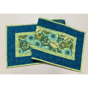 Retro Modern Blue Green Flower Garden Quilting Dining Coffee Table Runner, 13x48" Reversible, Bright Bold Abstract Everyday Summer TahoeQuilts Handmade