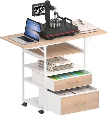Movable Heat Press Table with Pull-Out Tray, 4 Tier Foldable Heat Press Stand with Drawers - Heat Press Stand with Wheels for Easy Mobility, Heavy Duty Rolling Cart with Wheels and Storage(Brown) in Saudi Arabia