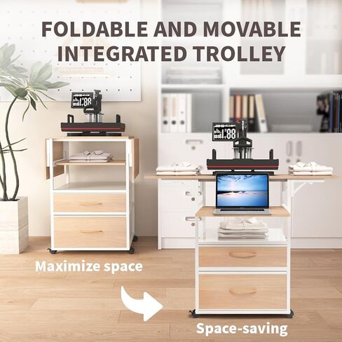 Movable Heat Press Table with Pull-Out Tray, 4 Tier Foldable Heat Press Stand with Drawers - Heat Press Stand with Wheels for Easy Mobility, Heavy Duty Rolling Cart with Wheels and Storage(Brown) in Saudi Arabia