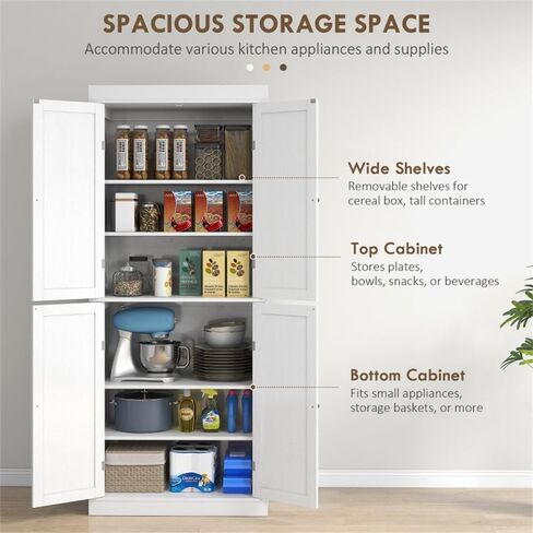 Kitchen Storage Cabinet with Two 3-Level Adjustable Shelves, for Kitchen, Living Room, Dining Room or Home Office(30" W x 16" D x 72.5" H). (White) in Saudi Arabia