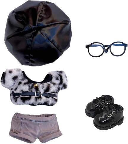 niannyyhouse 10cm 15cm 20cm Plush Doll Clothes Berets Jacket Pants Eyewear Leather Boots Leopard Print Suits Dolls Accessories (Black, 10cm) in Kuwait