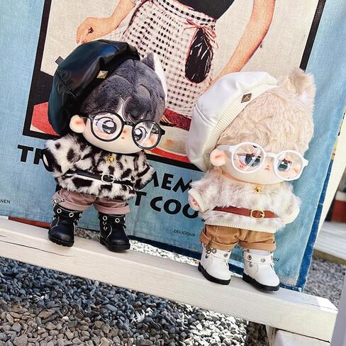 niannyyhouse 10cm 15cm 20cm Plush Doll Clothes Berets Jacket Pants Eyewear Leather Boots Leopard Print Suits Dolls Accessories (Black, 10cm) in Kuwait