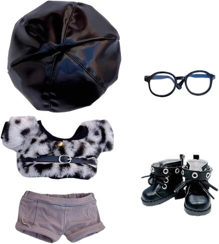 niannyyhouse 10cm 15cm 20cm Plush Doll Clothes Berets Jacket Pants Eyewear Leather Boots Leopard Print Suits Dolls Accessories (Black, 10cm) in Kuwait