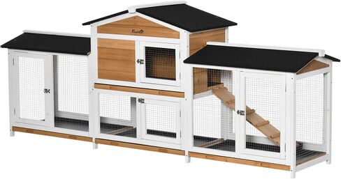 PawHut 90.5" Wooden Rabbit Hutch Bunny Cage Pet Playpen House Enclosure with Double Side Run Boxes, No Leak Tray, Ramp, for Guinea Pig and Small Animals, White in Saudi Arabia