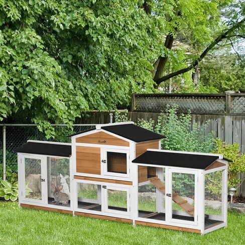 PawHut 90.5" Wooden Rabbit Hutch Bunny Cage Pet Playpen House Enclosure with Double Side Run Boxes, No Leak Tray, Ramp, for Guinea Pig and Small Animals, White in Saudi Arabia